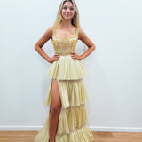 Sparkling gold pleated tulle 4-tiered dress with slit