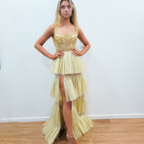 Sparkling gold pleated tulle 4-tiered dress with slit