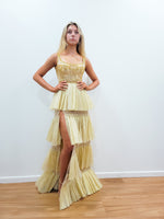 Freya sparkling gold pleated tulle 4-tiered dress with slit