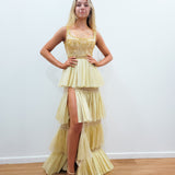 Sparkling gold pleated tulle 4-tiered dress with slit