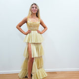 Sparkling gold pleated tulle 4-tiered dress with slit