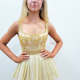 Sparkling gold pleated tulle 4-tiered dress with slit
