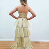 Sparkling gold pleated tulle 4-tiered dress with slit