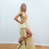 Sparkling gold pleated tulle 4-tiered dress with slit