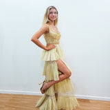 Sparkling gold pleated tulle 4-tiered dress with slit