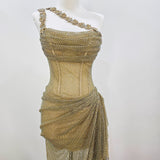 Gold mesh ruching top with lace up back dress with crystal gold strap details for hire