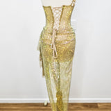 Gold mesh ruching top with lace up back dress with crystal gold strap details for hire