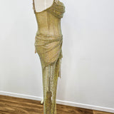 Gold mesh ruching top with lace up back dress with crystal gold strap details for hire