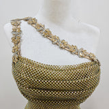 Gold mesh ruching top with lace up back dress with crystal gold strap details for hire