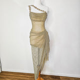 Gold mesh ruching top with lace up back dress with crystal gold strap details for hire
