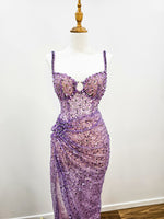 Beaded purple bustier cup dress with lace up back