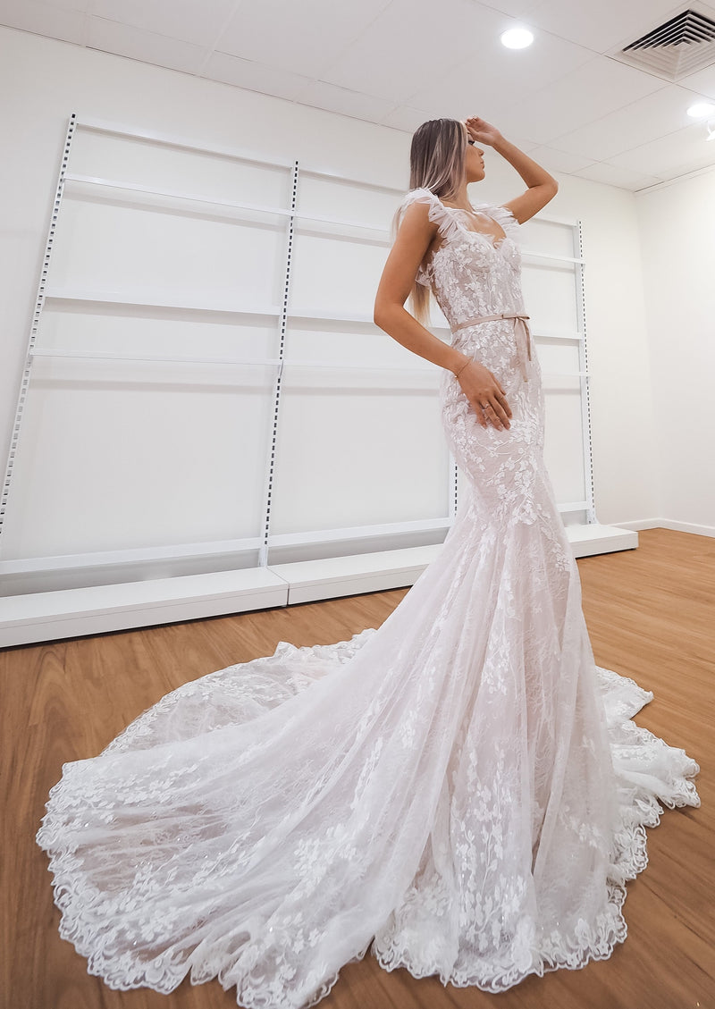 Hidden bustier cups blush mermaid dress with long train Destiny Chic