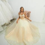 Strapless sparkling light gold tulle princess dress for hire