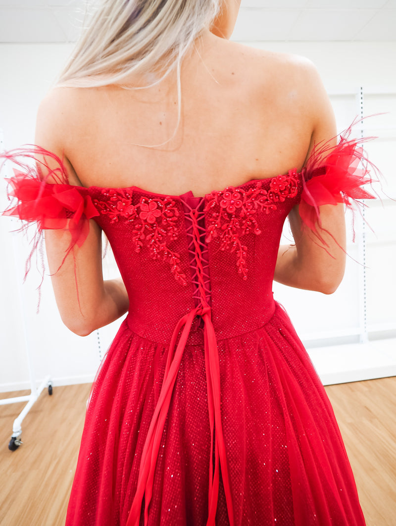 Fiona dark red sparkling princess dress with off the shoulder feathers (sample sale)