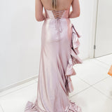 Sparkling pink crescent moon neckline with ruffle side slit