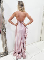 Sparkling  pink crescent moon neckline with ruffle side slit for hire