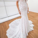 White lace under nude with sweetheart neckline and deep v wedding dress