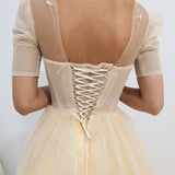 Sparkling light gold tulle princess dress with sleeves (sample sale)