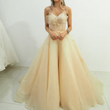 Strapless sparkling light gold tulle princess dress for hire