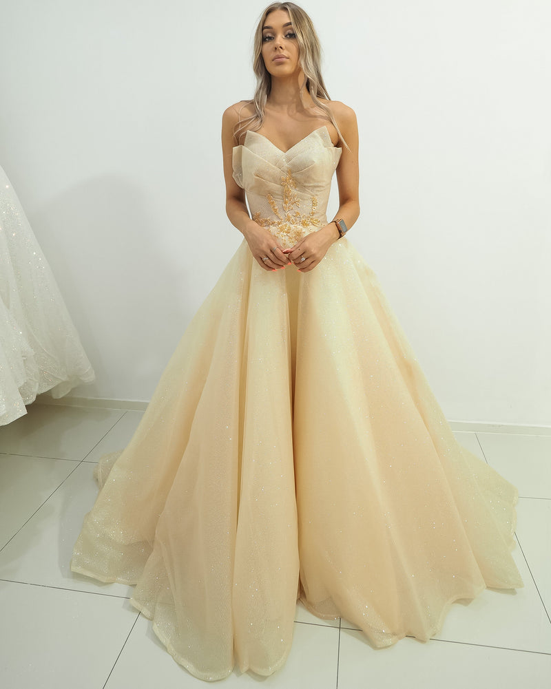 Strapless sparkling light gold tulle princess dress for hire