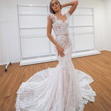 Hidden bustier cups blush mermaid dress with long train