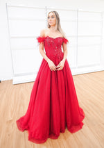 Fiona dark red sparkling princess dress with off the shoulder feathers (sample sale)
