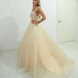 Strapless sparkling light gold tulle princess dress for hire