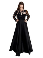 Black taffeta dress with lace top and long sleeves