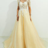 Sparkling light gold tulle princess dress with sleeves (sample sale)