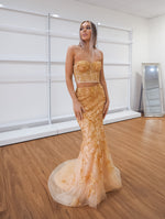 Sparkling gold bustier two piece mermaid dress for hire