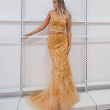 Sparkling gold bustier two piece mermaid dress