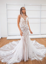 Kelly sparkling white lace under nude wedding dress for hire