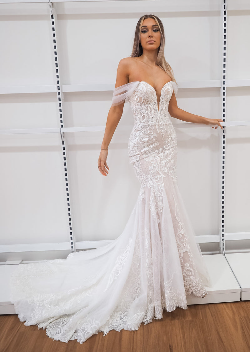 Kylie white lace under nude with sweetheart neckline and deep v wedding dress for hire