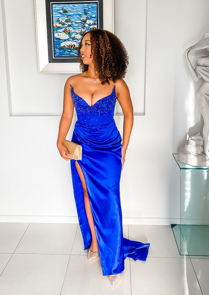 Navy blue satins sweetheart Aline princess fulllength formal dressesa  line royal blue satin party dress  Simple prom dress Long prom gowns Royal  blue prom dresses