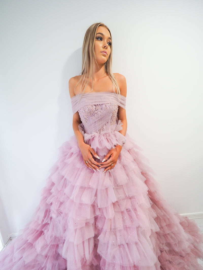 Violet off the shoulder puffy tulle layered princess dress.