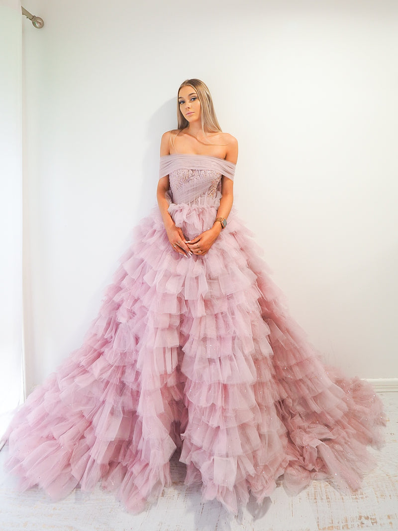 Violet off the shoulder puffy tulle layered princess dress.