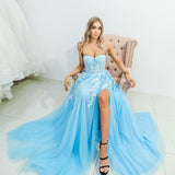 Baby blue tulle bustier strapless princess dress with slit for hire