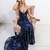 Navy Blue Sparkling lace criss-cross back mermaid dress (old style)