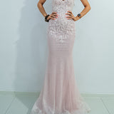 Sparkling pink dress with strapless deep V neckline and corset back