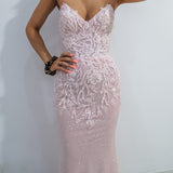 Sparkling pink dress with strapless deep V neckline and corset back