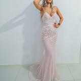 Sparkling pink dress with strapless deep V neckline and corset back
