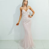 Sparkling pink dress with strapless deep V neckline and corset back