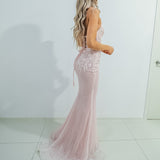 Sparkling pink dress with strapless deep V neckline and corset back