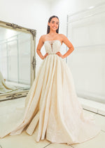 Gold lace all over with sweetheart neckline and deep v wedding dress for hire