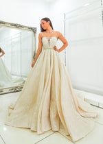 Gold lace all over with sweetheart neckline and deep v wedding dress for hire