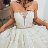 Gold lace all over with sweetheart neckline and deep v wedding dress