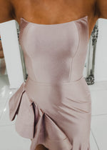 Sparkling pink crescent moon neckline with ruffle side slit