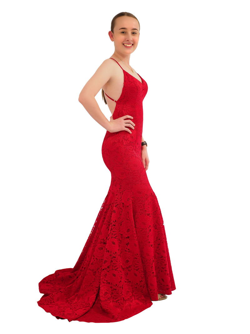 Shayne dark red lace mermaid dress with V-neck
