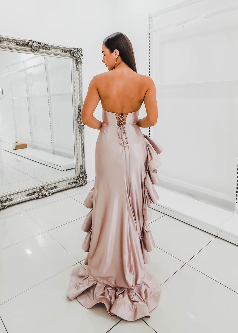 Sparkling  pink crescent moon neckline with ruffle side slit for hire