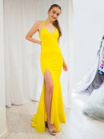 Bright yellow stretch knit mermaid dress with slit